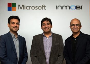From L to R: Anant Maheshwari, President, Microsoft, India, Naveen Tewari, founder and CEO at InMobi, Satya Nadella, CEO, Microsoft
